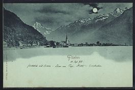 Mondschein-AK Flüelen, Ortsansicht mit 