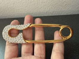Große Goldfabene Brosche mit Strasssteinen, Vintage