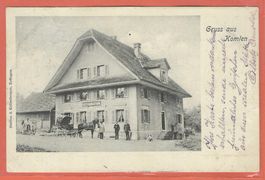 11.3.1912 Gruss aus Komlen/Nahbild Rest.+Gäste/Pferdekutsche