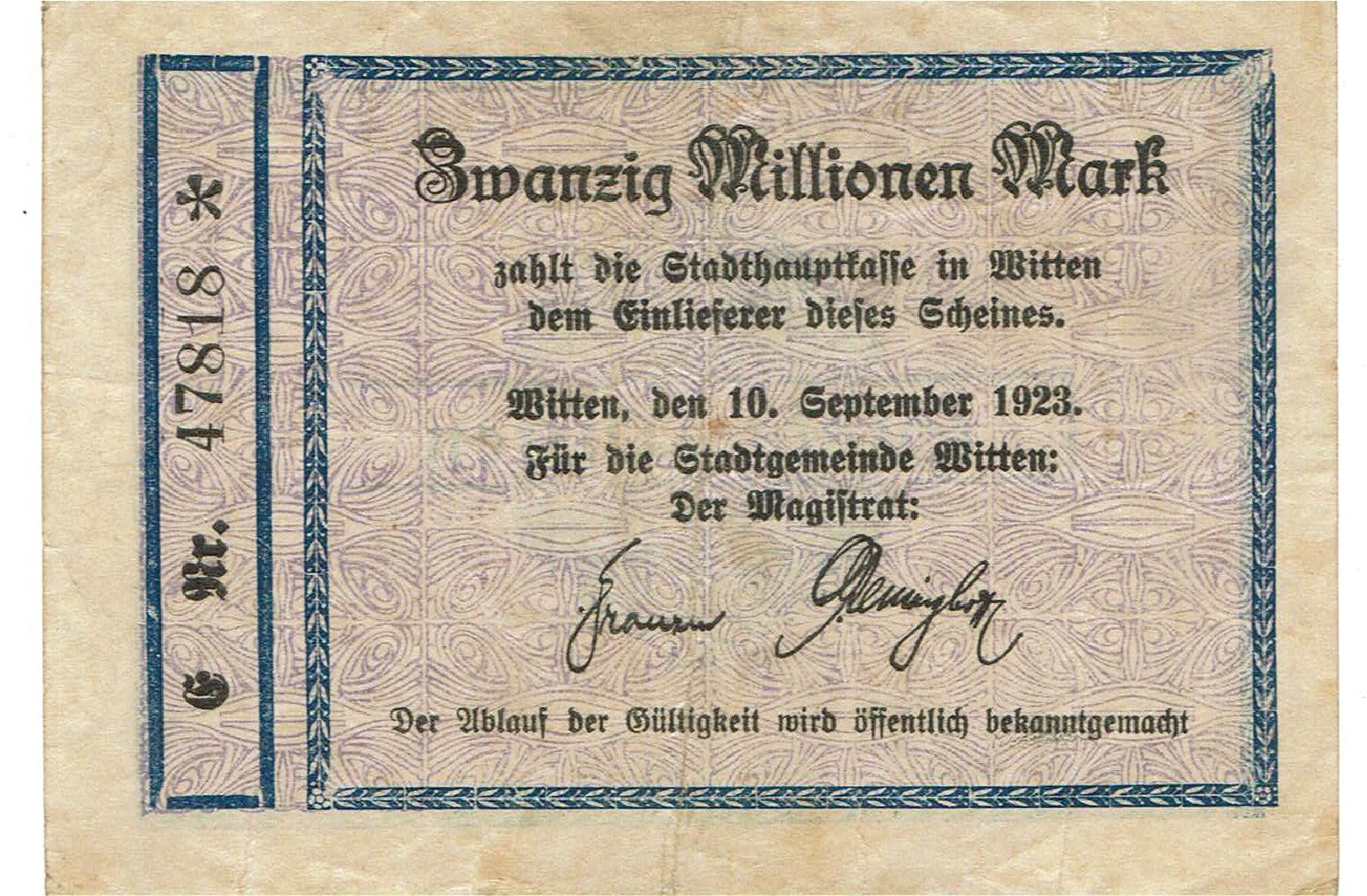 Banconote: Witten 20 Mil.Mark 10.09.1923 VZ-VZ+ – Usato da Steffisburg venduto da ber_8htf