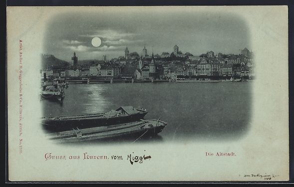 Cartes postales: Mondschein-AK Luzern, Altstadt mit Boote – D'occasion à Berlin par bartko-reher