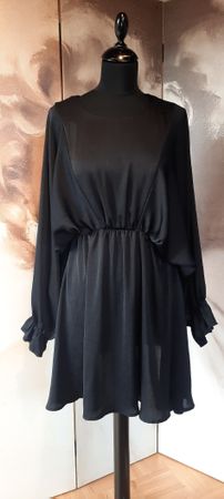 🌿 Gr M Satin kleid Schwarz Ballonärmel & Taillenglanz black