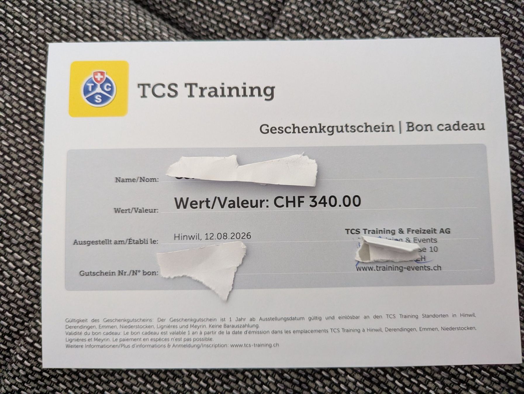 TCS Gutscheine: TCS Training - Gutschein 340 Franken – Neu (gemäss Beschreibung) aus Neuhausen am Rheinfall von Moccetti 1