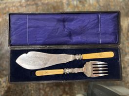 Antikes Fischservier Set, versilbert, mit Etui, Top! (52)