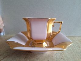 Porzellantasse - H&C Selb Bavaria - rosa mit Gold, achteckig