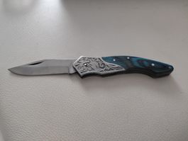 Taschenmesser mit blauem Griff und Gravur Top!