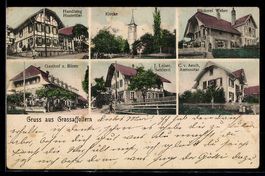 AK Grossaffoltern, Gasthof z. Bären, Kirche, Sattlerei J. Le