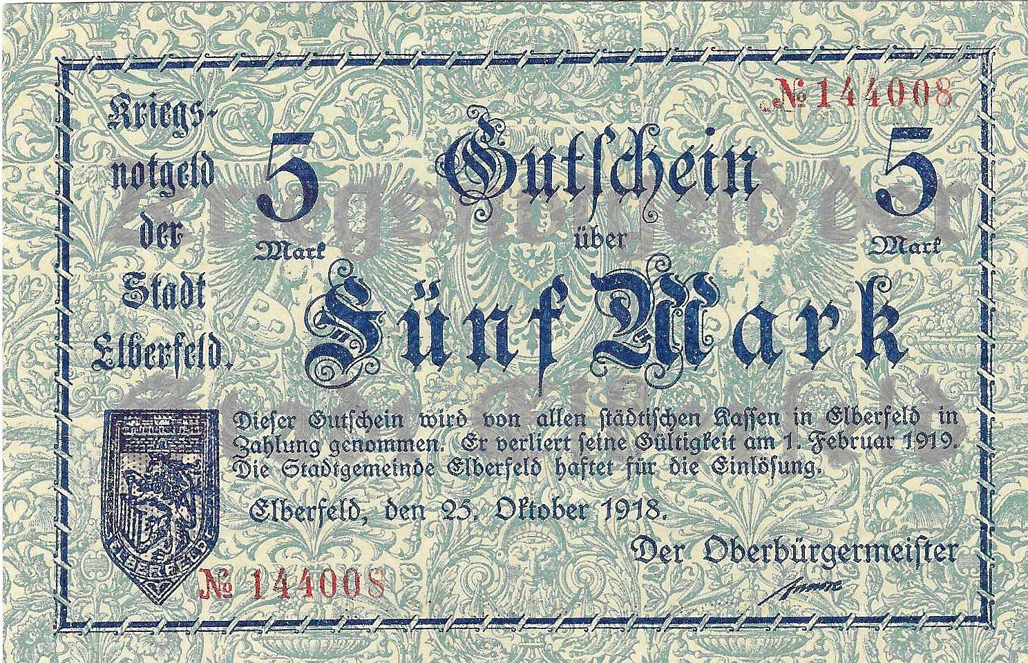 Banconote: 5 Mark 1918 / Eberfeld / Notgeld / N°144008 – Usato da Tavannes venduto da Zitume 1