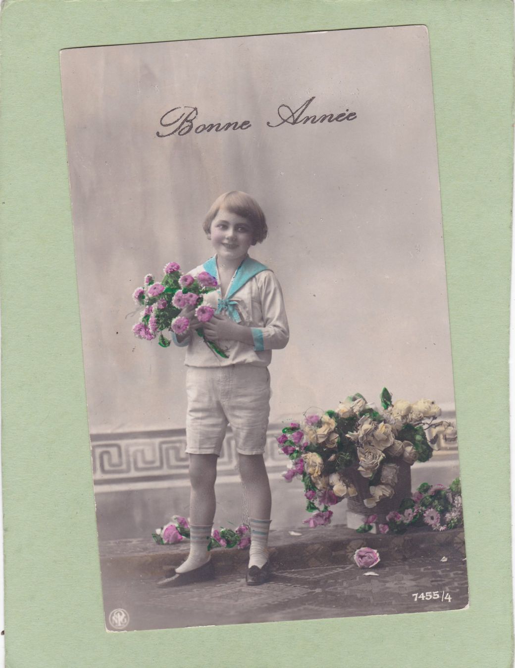 Cartoline postali: Kitsch Kind mit Blumen Bonne Année 1924 – Usato da Herisau venduto da Lisegrat2008