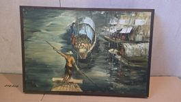Gemälde mit Holzrahmen, Asiatische Boote, 40cmx60.5cm