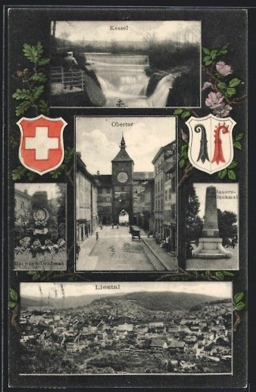 Cartoline postali: Liestal, Obertor, Bauerndenkmal, Wappen – Usato da Berlin venduto da bartko-reher