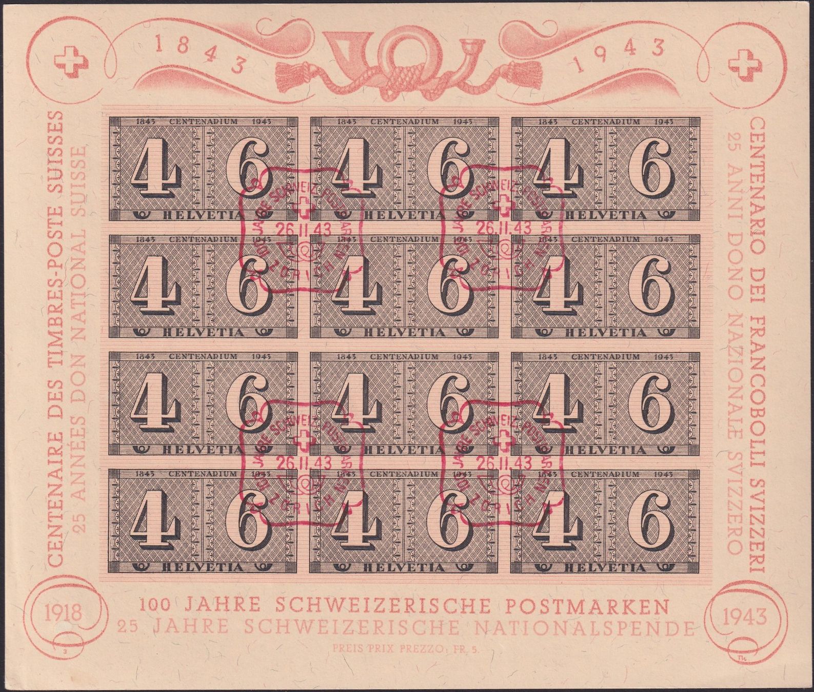 Tutti i francobolli: 1943. W16 Jubiläumsblock mit Ersttags-Stempel, Kat: 80.-++ – Usato da Sursee venduto da Luzernerraute