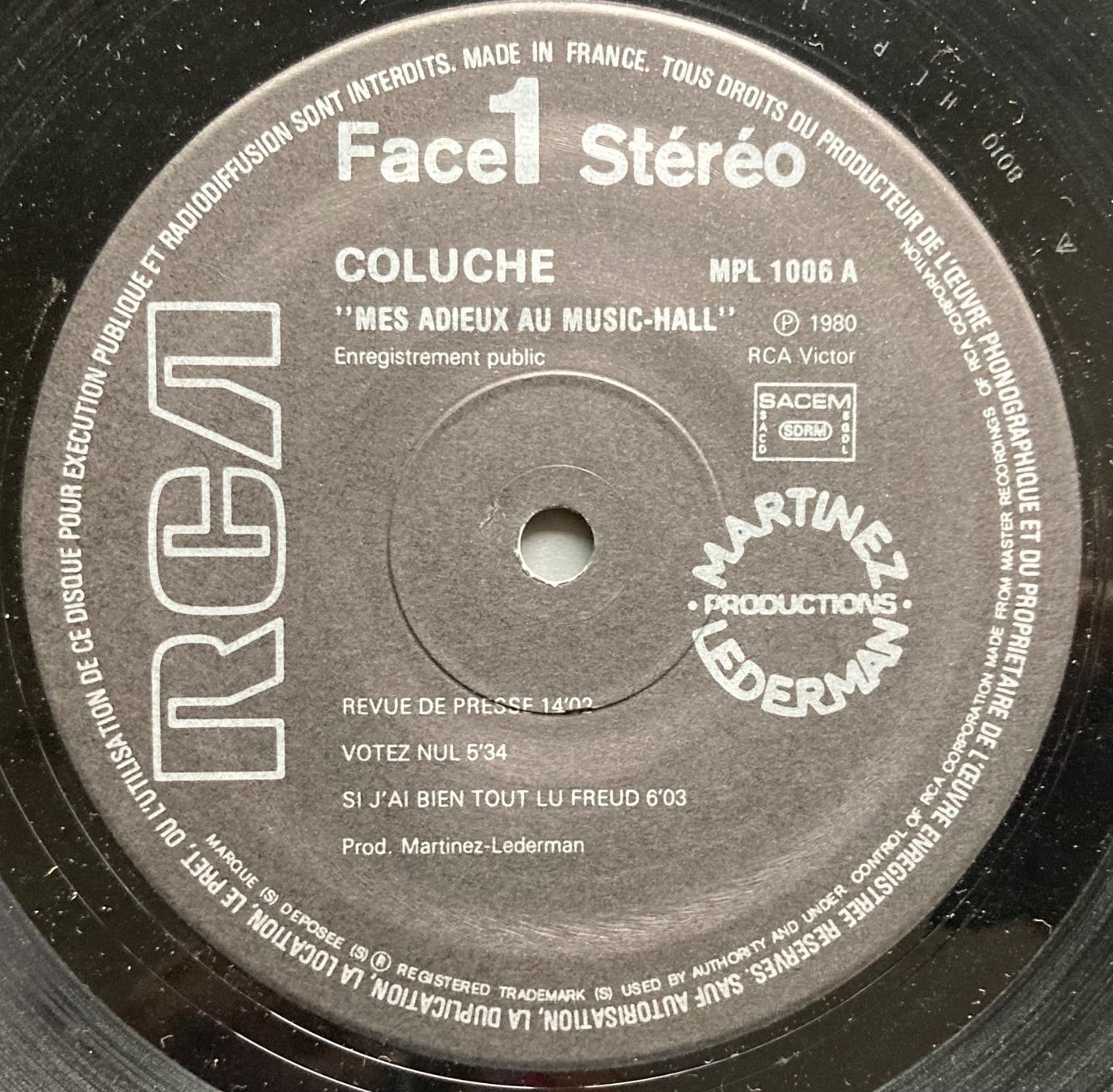 Dischi in vinile: COLUCHE - MES ADIEUX AU MUSIC-HALL – Usato da Poliez-Pittet venduto da Newtown-Records 2