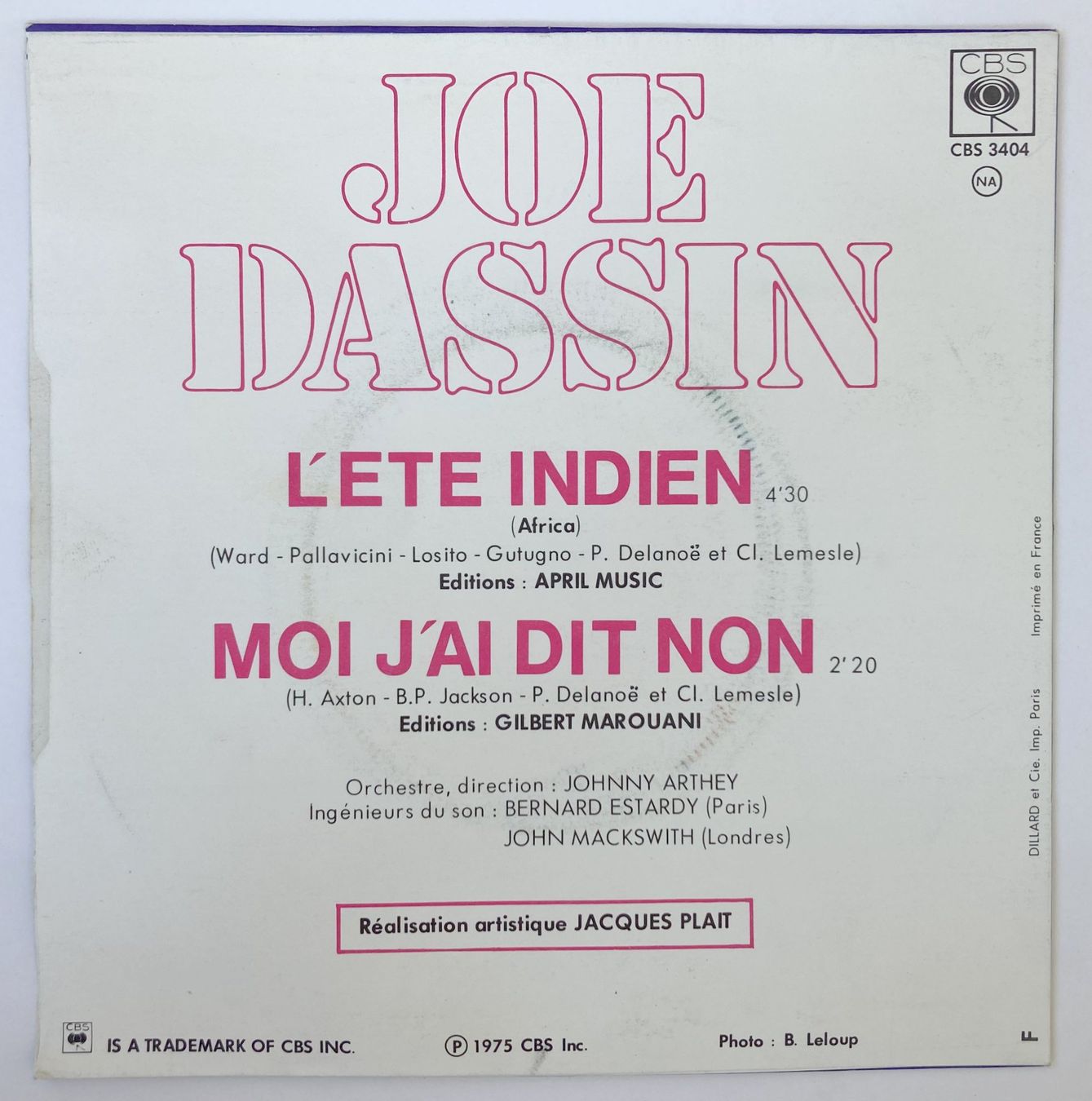 Schallplatten: JOE DASSIN - L'ETE INDIEN – Gebraucht aus Bottens von hotter-than-hell 1