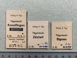 Ab Tägertschi, 3 verschiedene Bahn Billette, SBB