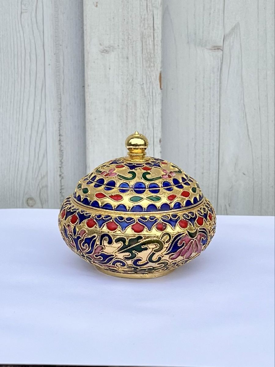 Portagioie: Dose mit Deckel, Gold farbig, Cloisonné-Emaille – Usato da Winterthur venduto da avelotte 1