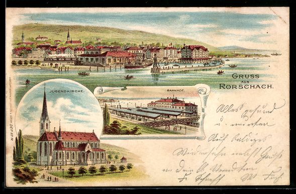 Cartoline postali: Lithographie Rorschach, Seepanorama, Jugendkirche, Bahnhof – Usato da Berlin venduto da bartko-reher