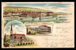 Lithographie Rorschach, Seepanorama, Jugendkirche, Bahnhof