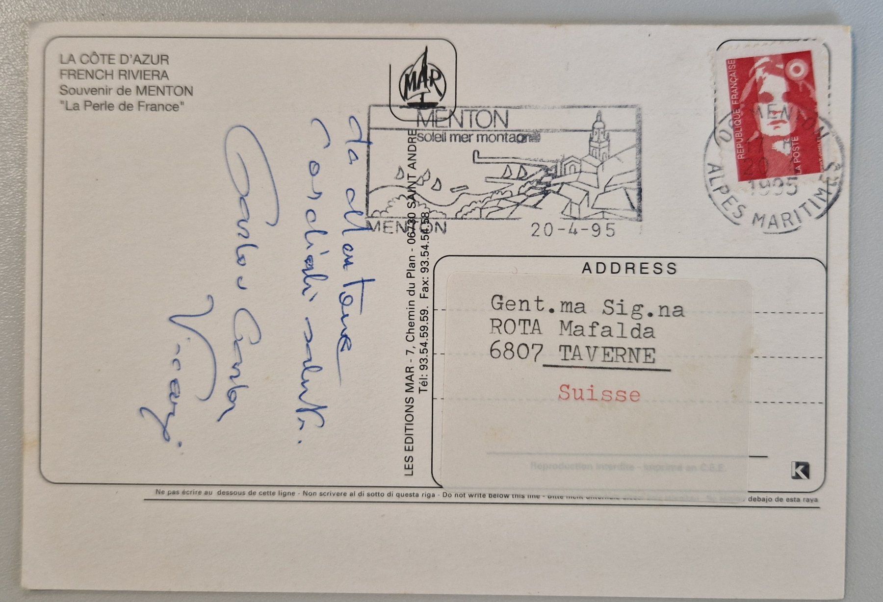 Cartoline postali: Menton, La côte d'Azur 1995 – Usato da Melchnau venduto da Fishel 1