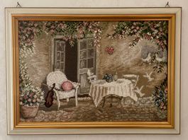 idyllische Cottage-Szene, Gobelin-Stickerei