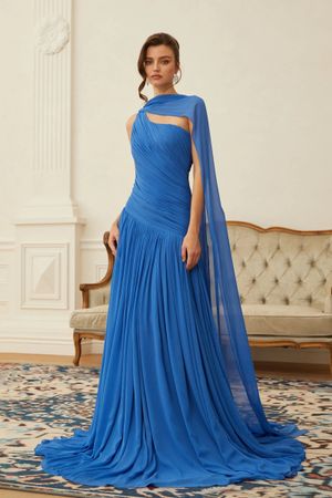 Robe de soirée bleue asymétrique drapée taille M, neuve !