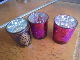 3 Ziergläser Blau und Rosa mit Glimmer