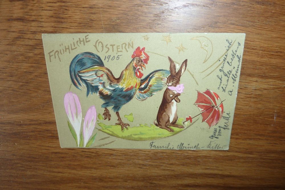 AK,Fröhliche Ostern, 1905, Osterhase, Hahn, gelaufen, Basel | Kaufen ...