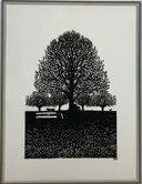 Scherenschnitt Landschaft mit Bänkli und Hund Monogramm