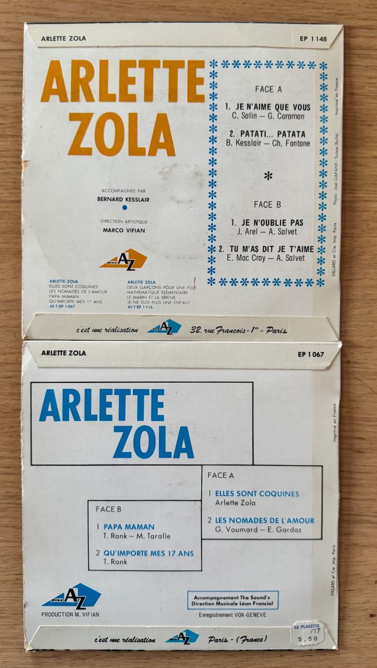 Dischi in vinile: Arlette Zola 2 vinyls 45T – Usato da Lausanne venduto da davzic 1