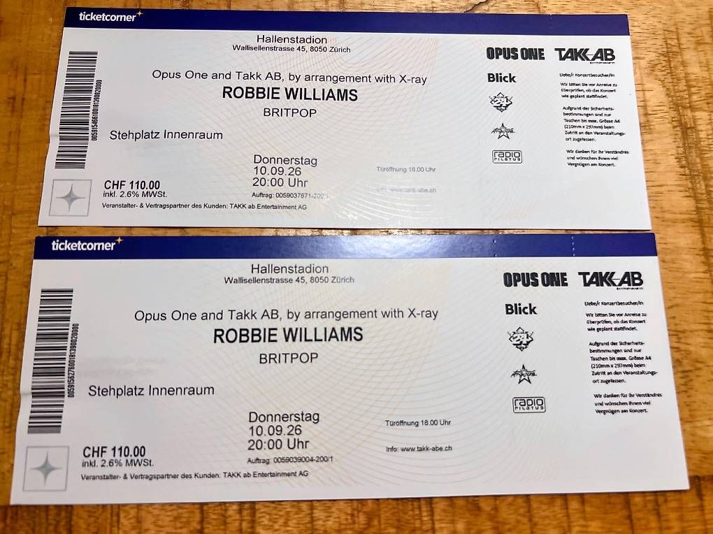 Biglietti: 2 Robbie Williams Tickets – Nuovo e nell'imballaggio originale da Wohlen AG venduto da tenorespinto