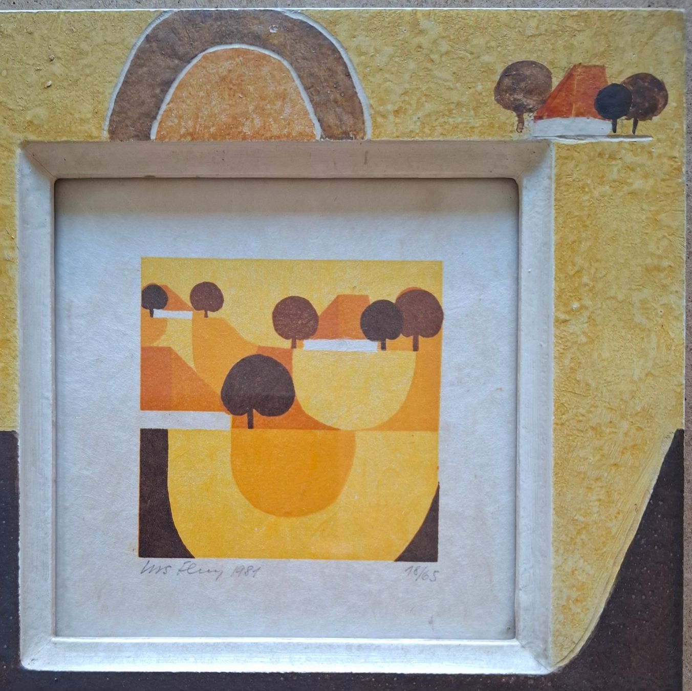 Gemälde: Urs Flury, Aetingen "Rahmen-Gemälde, Litho "Landschaft" 1981 – Gebraucht aus Aarburg von Rosen_Rot 3