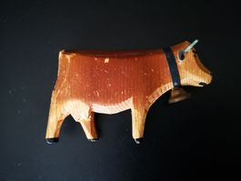 Holzkuh mit Glocke, Vintage Deko Schweiz Figur Kuhglocke