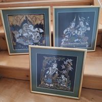3 sehr schöne, Vintage Bilder, handgemalt Thai Silk, Seide