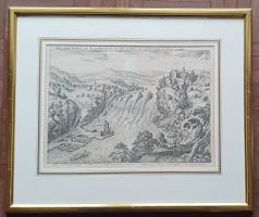 Rheinfall - Kupferstich Merian 1694, im Goldrahmen