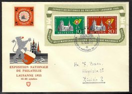 1955, W35 Block Lausanne auf illustr. Brief (15240)