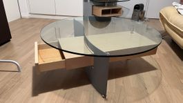 Runder Glastisch mit Schublade-Holz-Metall-Design