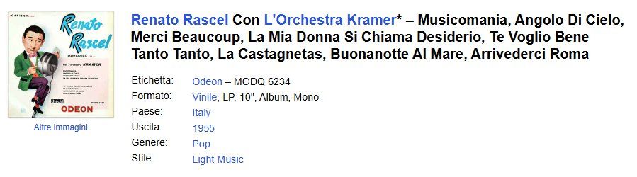 Dischi in vinile: Renato Rascel Con L'Orchestra Kramer - 1955 – Usato da Pambio Noranco venduto da TREBORLOP 2