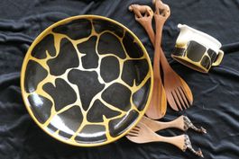 Africa Platte/Schale + Krug + 2 x Holzbesteck Giraffe Löwe