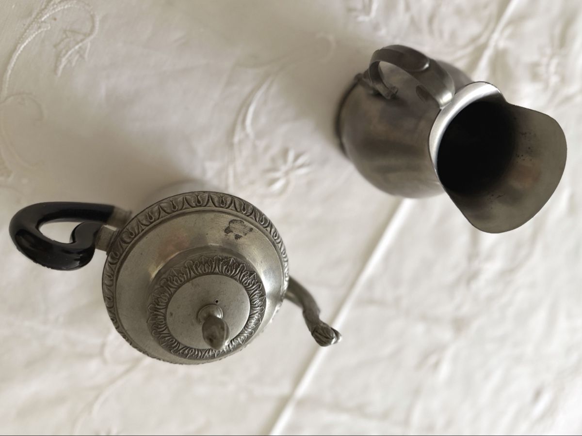 Caraffe: Zinnkännchen mit Deckelkännchen 2-teiliges Set antik – Usato da Münchenstein venduto da sch_r8hg