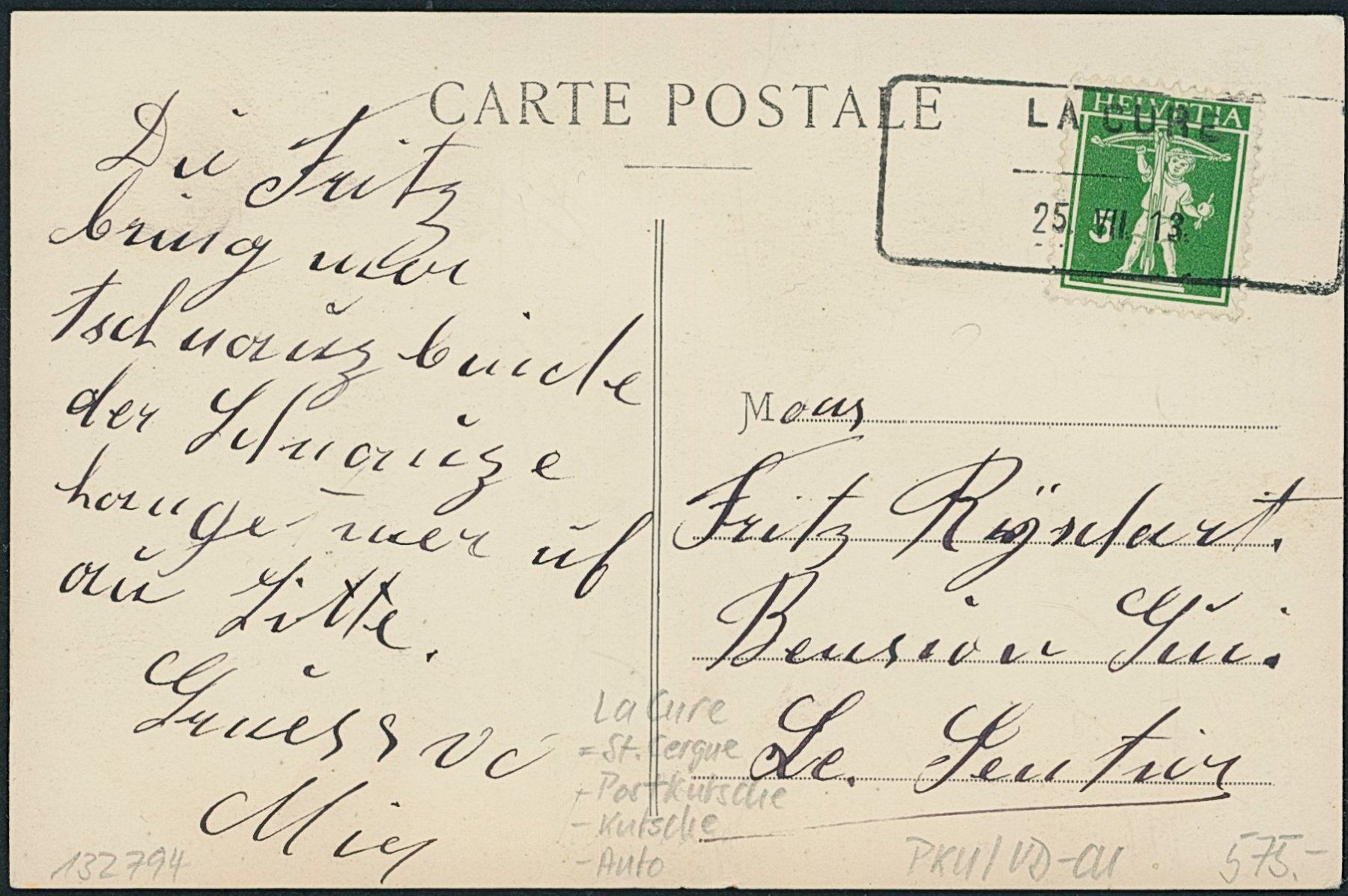Ansichtskarten: VD La Cure - Postkutsche - St. Cergue - Aushilfsstempel – Gebraucht aus Schindellegi von leecollect 1