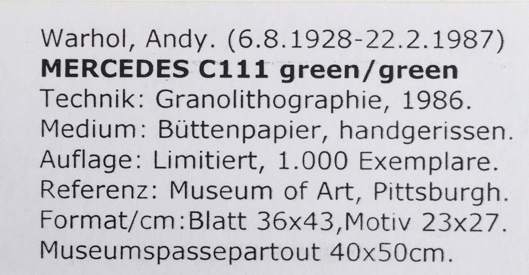 Grafiken & Lithographien: ANDY WARHOL Mercedes C111  Green/Green – Gebraucht aus Nennigkofen von Sommersonnen 7