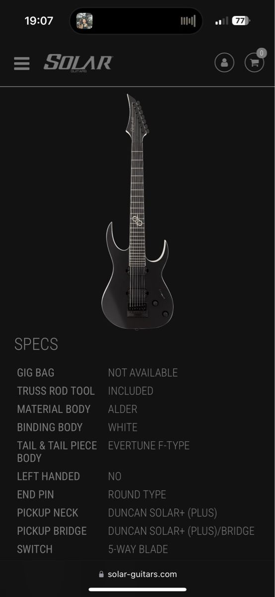 Strumenti musicali: Solar 7C+ Carbon Black Matte (7-String) / Evertune – Nuovo (secondo la descrizione) da Bolligen venduto da Jamback 3