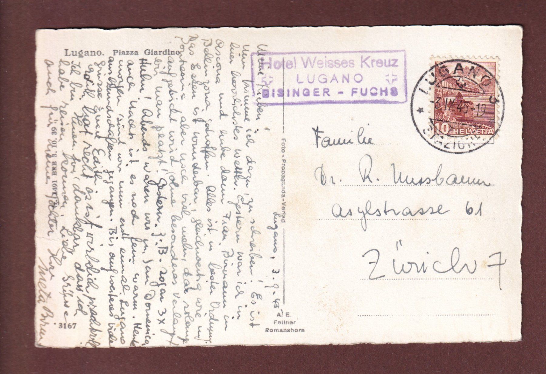 Cartoline postali: LUGANO - Piazza Giardino - 1945 – Usato da Pully venduto da nicecards 1