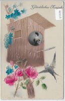 Glückliches Neujahr - Vogelnest mit Dame - Präge-Litho