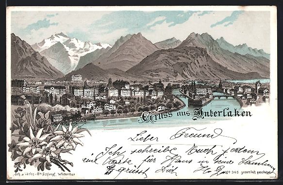 Cartoline postali: Lithographie Interlaken, Teilansicht – Usato da Berlin venduto da bartko-reher
