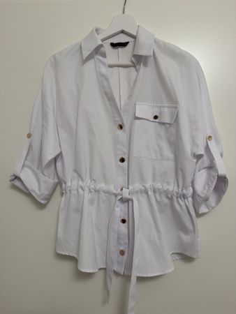Damen Bluse weiss mit Taillenband 3/4 Arm Grösse M