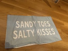 Kissenbezug blau weiss bedruckt Text guter Zustand