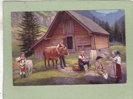 Kitsch Kunst  Appenzeller Sennhütte Kuh Ziege Familie 1921