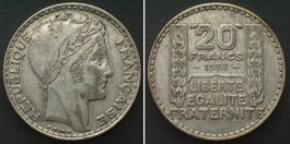 FRANCE 20 Francs 1933 TURIN argent qSUP
