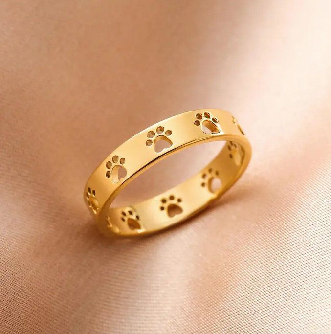 EDELSTAHLRING GOLDFARBEN, PFÖTLI DESIGN GR. 7, CA.0.7CM (Neu (gemäss ...